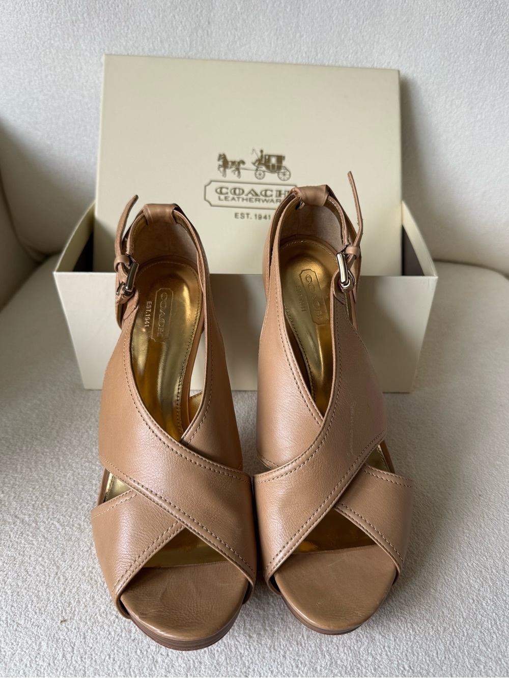 COACH Adelle Tan Leather Crisscross Slingback Heels